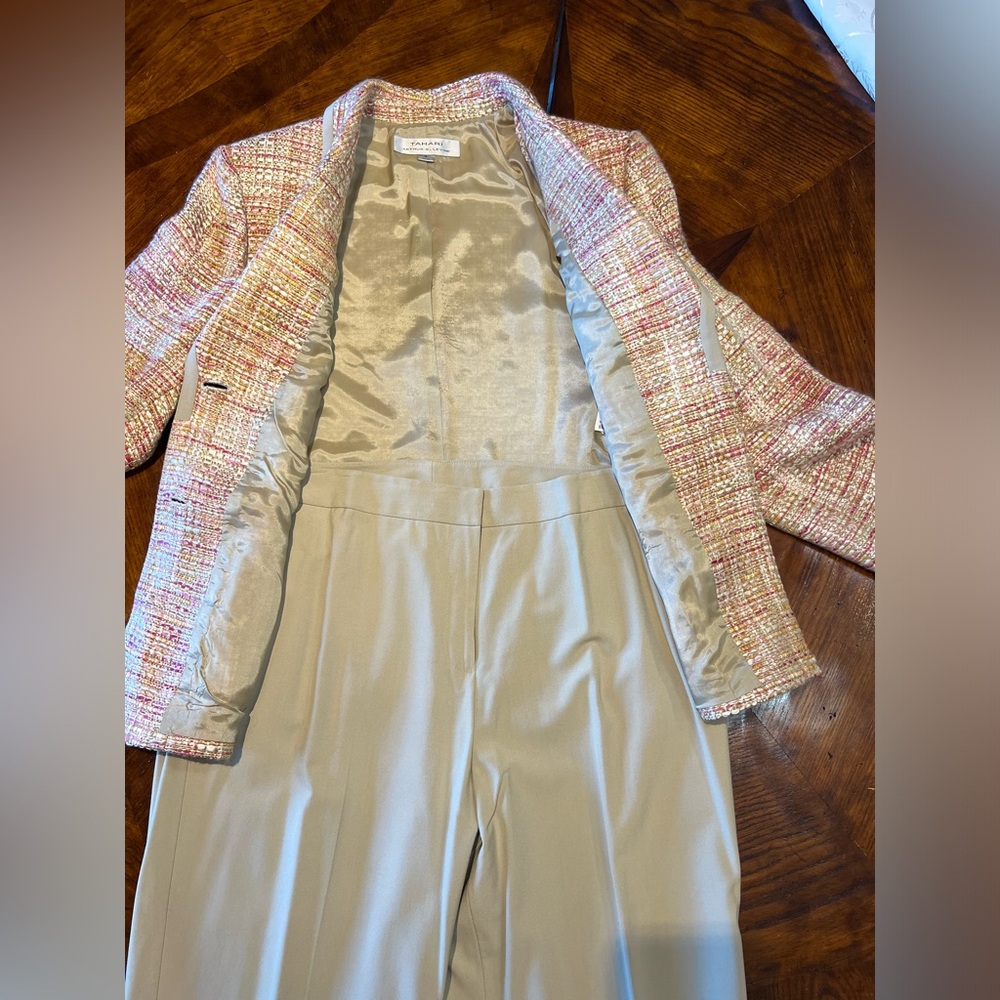 Multi Colored Pink And Beige Tweed Pant Suit Set - image 2